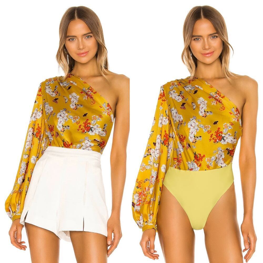 Bronx & Banco Narciss Bodysuit Yellow Floral Silk One Shoulder Soft Luxe Size S